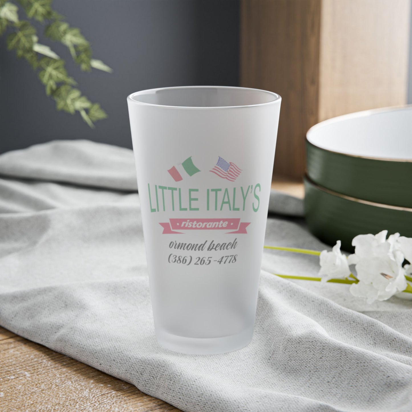 Little Italy’s Ristorante 16oz Frosted Pint Glass | Ormond Beach | Italian American Flag Logo