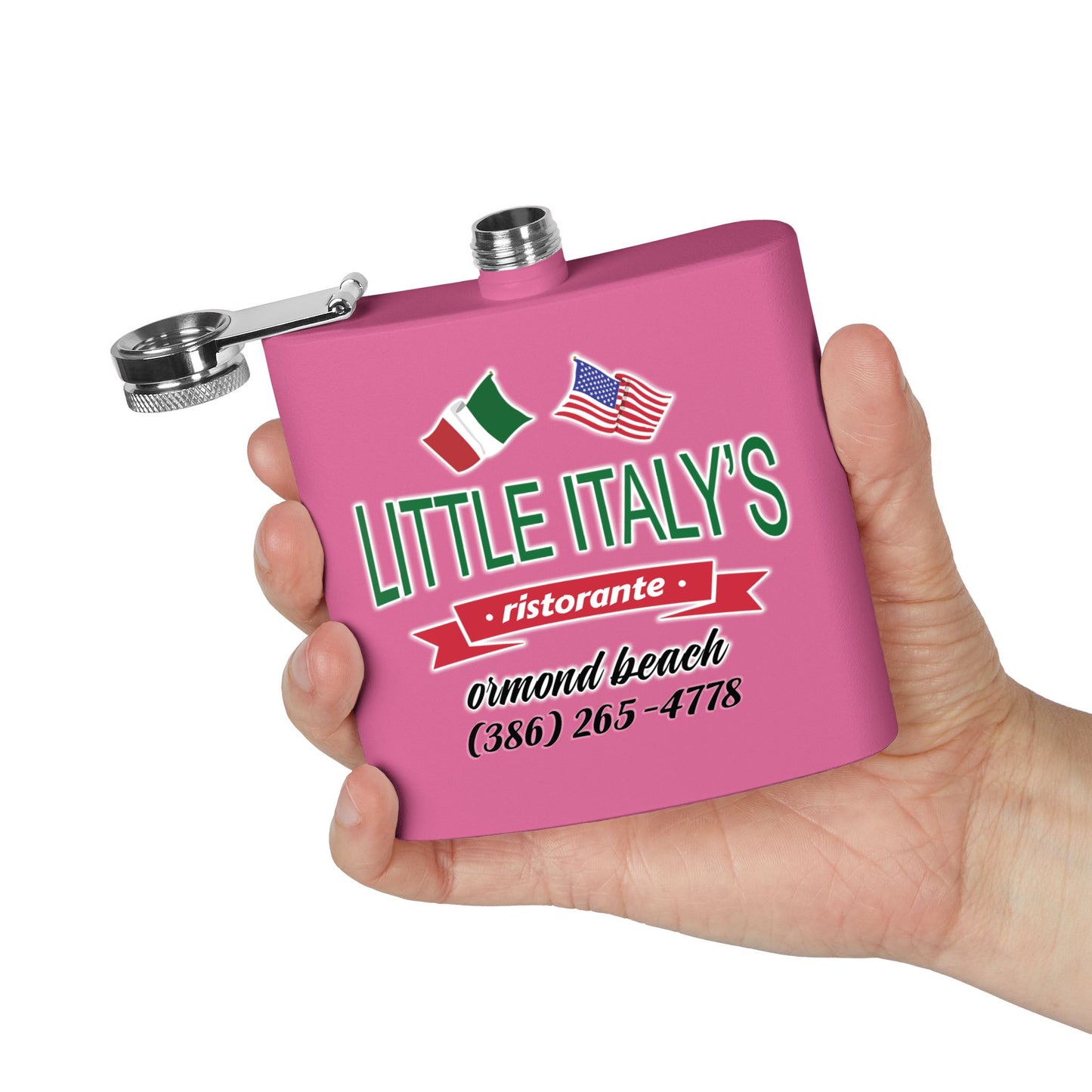 Little Italy's Ristorante 6oz Stainless Steel Flask | Ormond Beach | Italian American Flag Logo