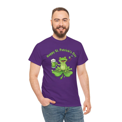 St. Patrick’s Day Happy Frog on a Shamrock T‑Shirt