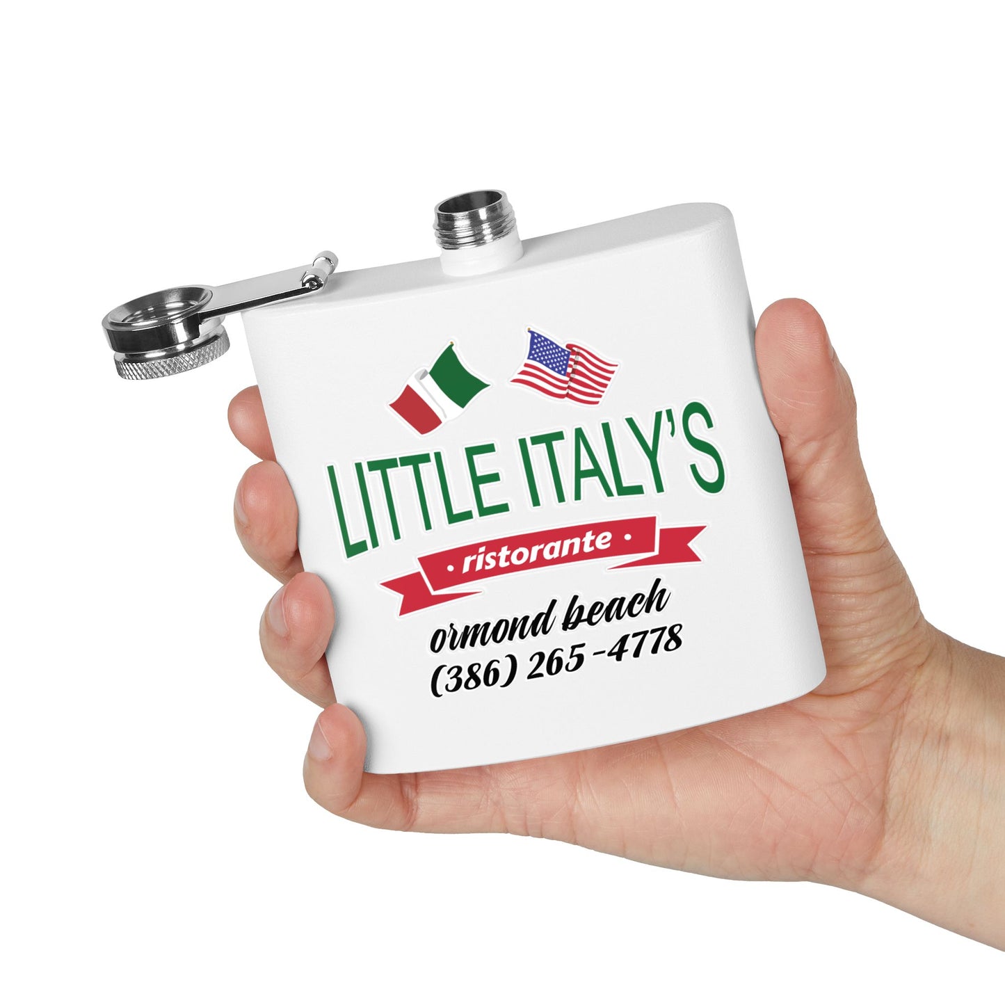 Little Italy's Ristorante 6oz Stainless Steel Flask | Ormond Beach | Italian American Flag Logo