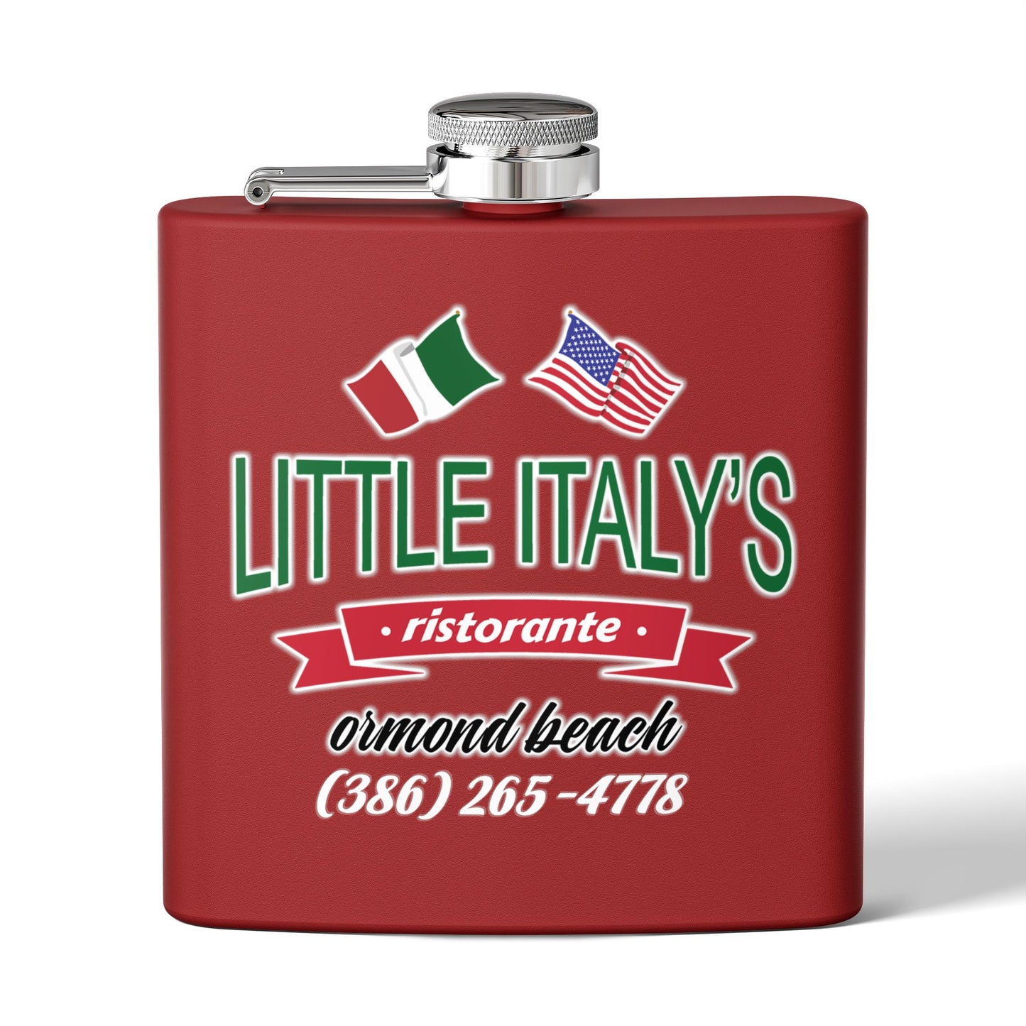 Little Italy's Ristorante 6oz Stainless Steel Flask | Ormond Beach | Italian American Flag Logo