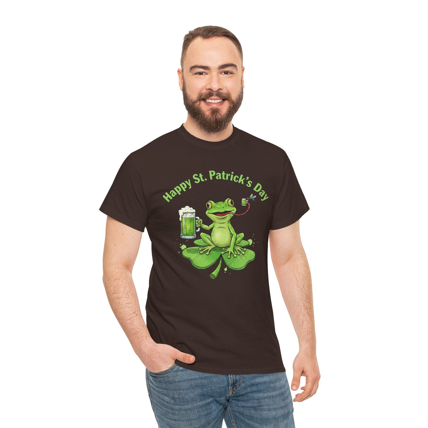 St. Patrick’s Day Happy Frog on a Shamrock T‑Shirt