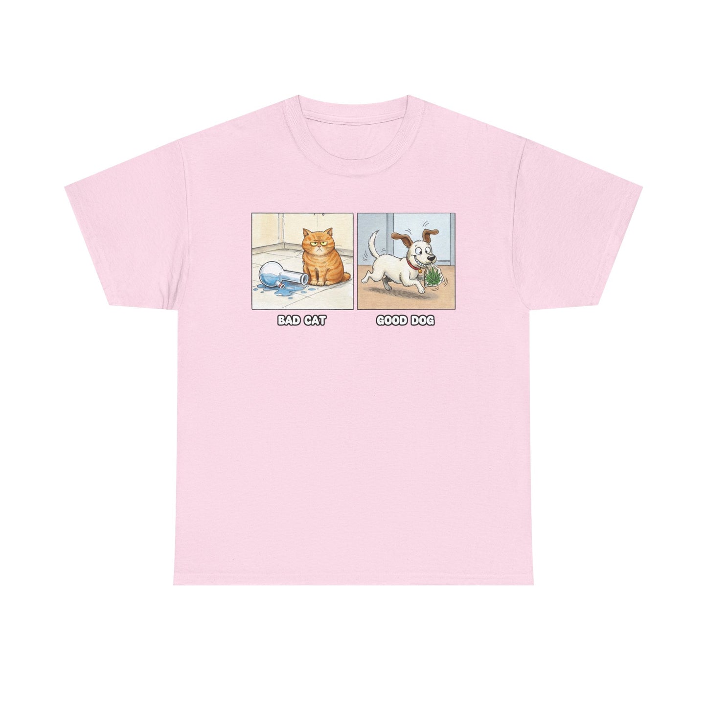Bad Cat Good Dog Tee | Bad Cat with Bong, Good Dog with Weed Illustration
