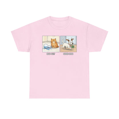 Bad Cat Good Dog Tee | Bad Cat with Bong, Good Dog with Weed Illustration