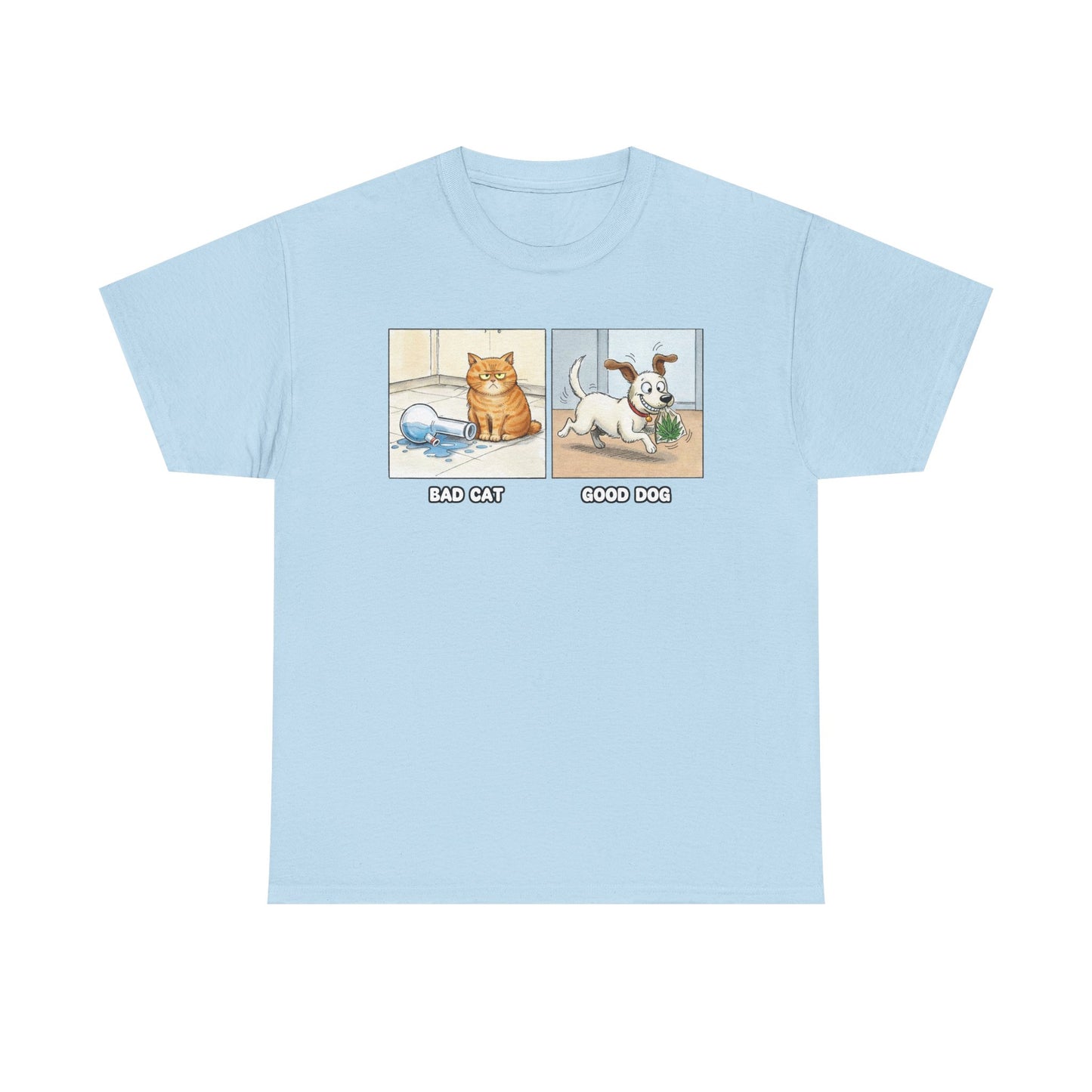 Bad Cat Good Dog Tee | Bad Cat with Bong, Good Dog with Weed Illustration