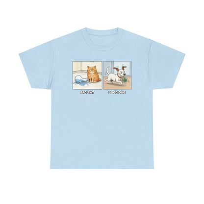 Bad Cat Good Dog Tee | Bad Cat with Bong, Good Dog with Weed Illustration