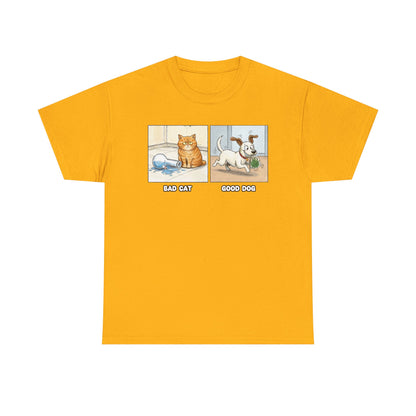 Bad Cat Good Dog Tee | Bad Cat with Bong, Good Dog with Weed Illustration