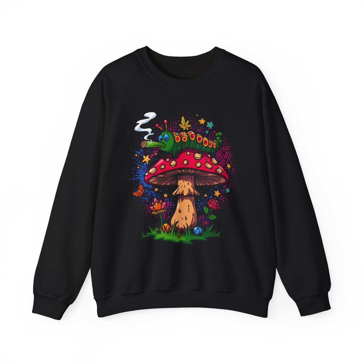 Psychedelic Mushroom and smoking Caterpillar sweatshirt | trippy hippie Illustration