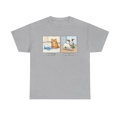 Bad Cat Good Dog Tee | Bad Cat with Bong, Good Dog with Weed Illustration