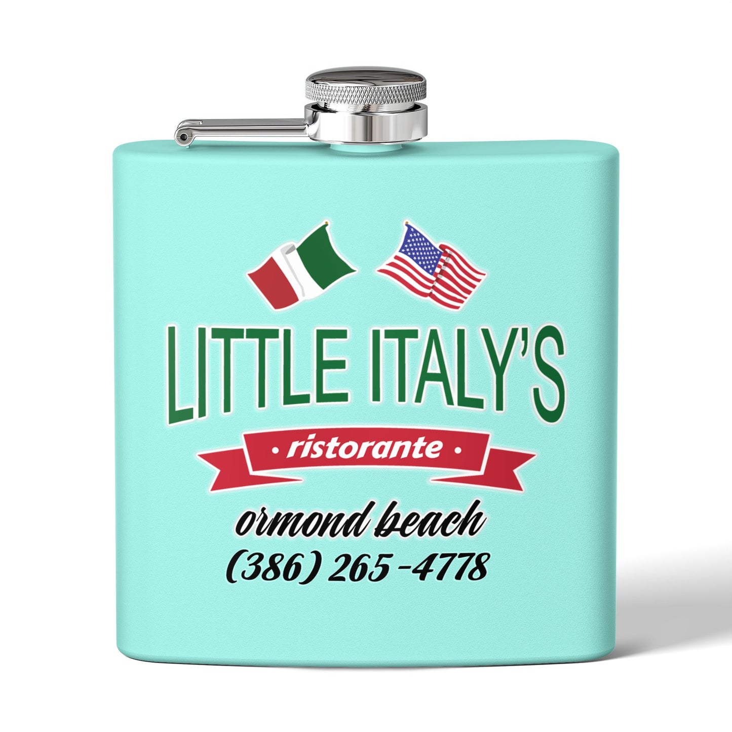 Little Italy's Ristorante 6oz Stainless Steel Flask | Ormond Beach | Italian American Flag Logo