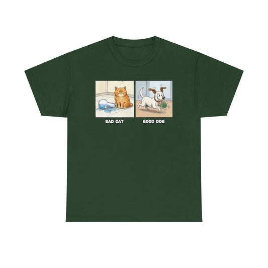 Bad Cat Good Dog Tee | Bad Cat with Bong, Good Dog with Weed Illustration