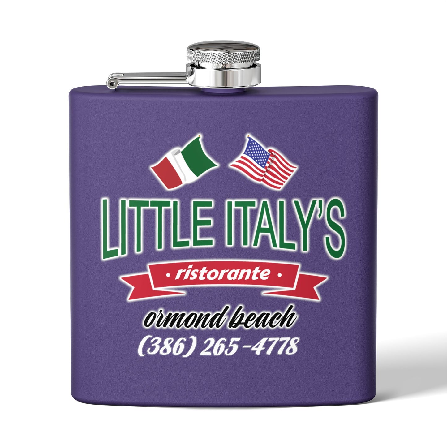 Little Italy's Ristorante 6oz Stainless Steel Flask | Ormond Beach | Italian American Flag Logo