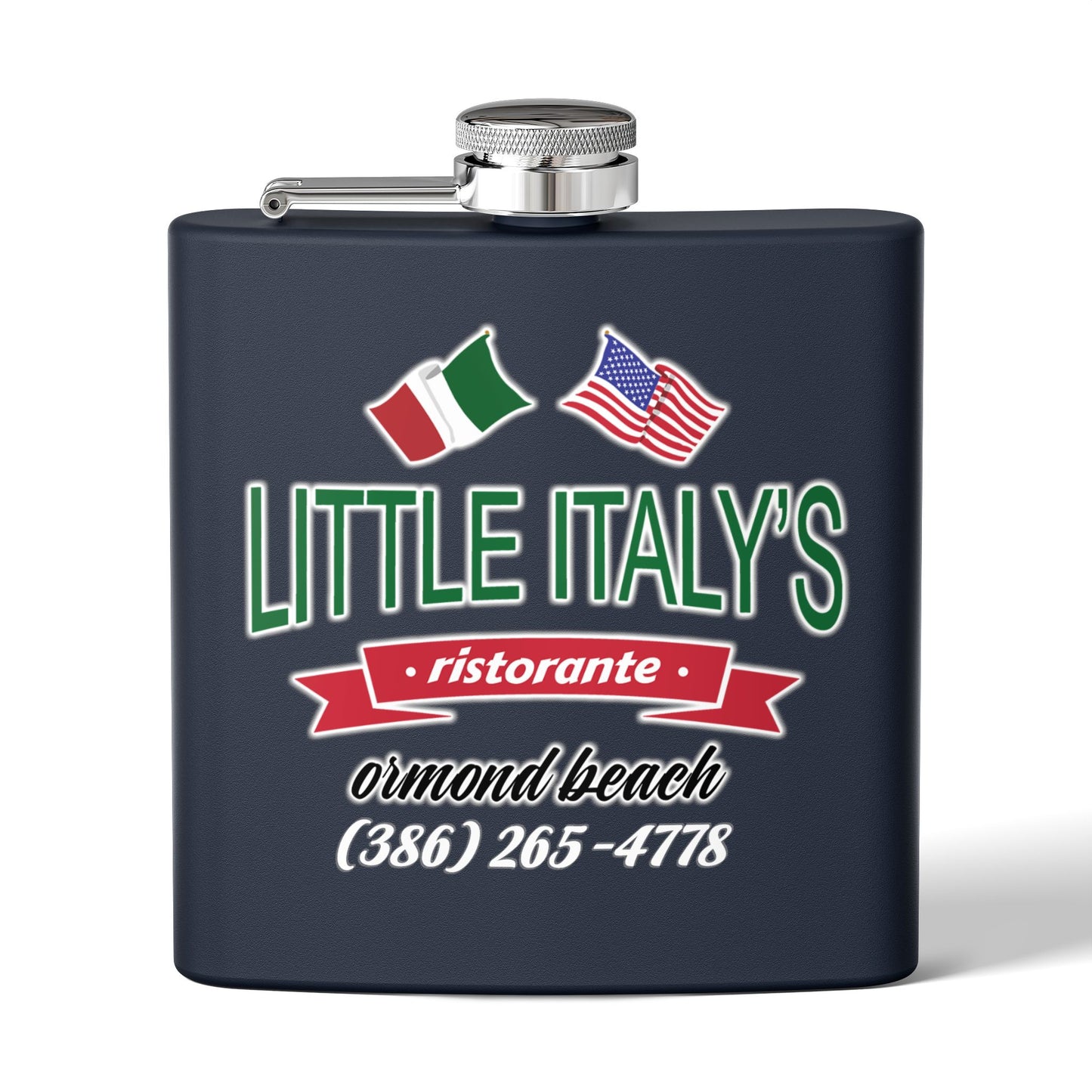 Little Italy's Ristorante 6oz Stainless Steel Flask | Ormond Beach | Italian American Flag Logo