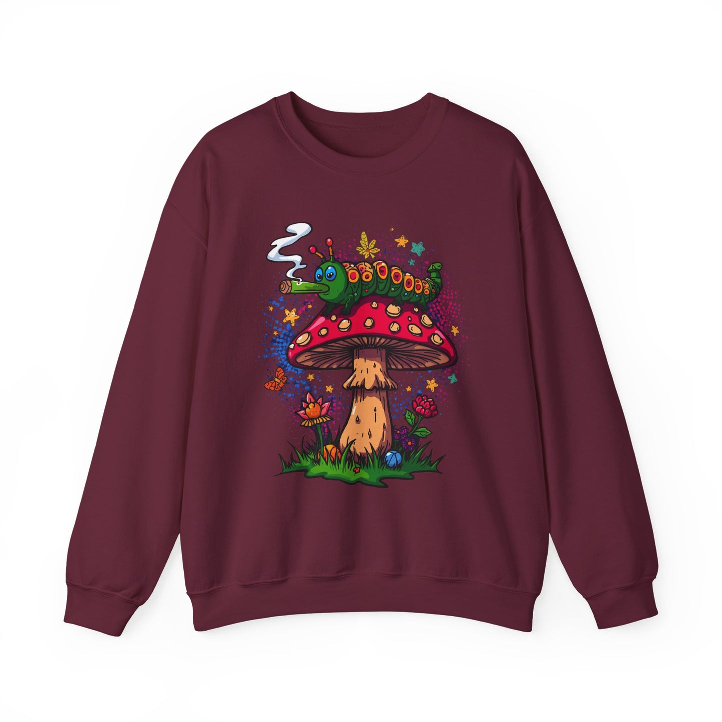 Psychedelic Mushroom and smoking Caterpillar sweatshirt | trippy hippie Illustration