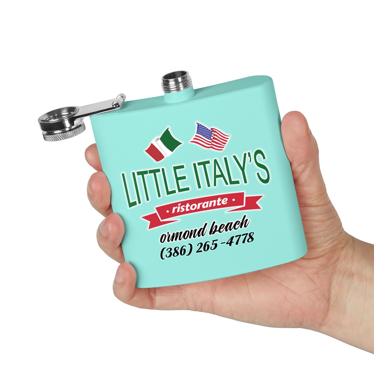 Little Italy's Ristorante 6oz Stainless Steel Flask | Ormond Beach | Italian American Flag Logo