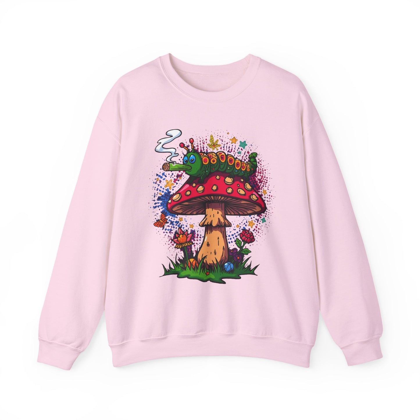 Psychedelic Mushroom and smoking Caterpillar sweatshirt | trippy hippie Illustration