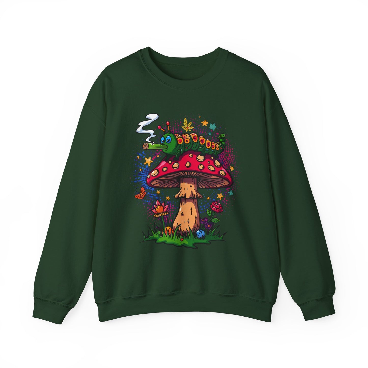 Psychedelic Mushroom and smoking Caterpillar sweatshirt | trippy hippie Illustration