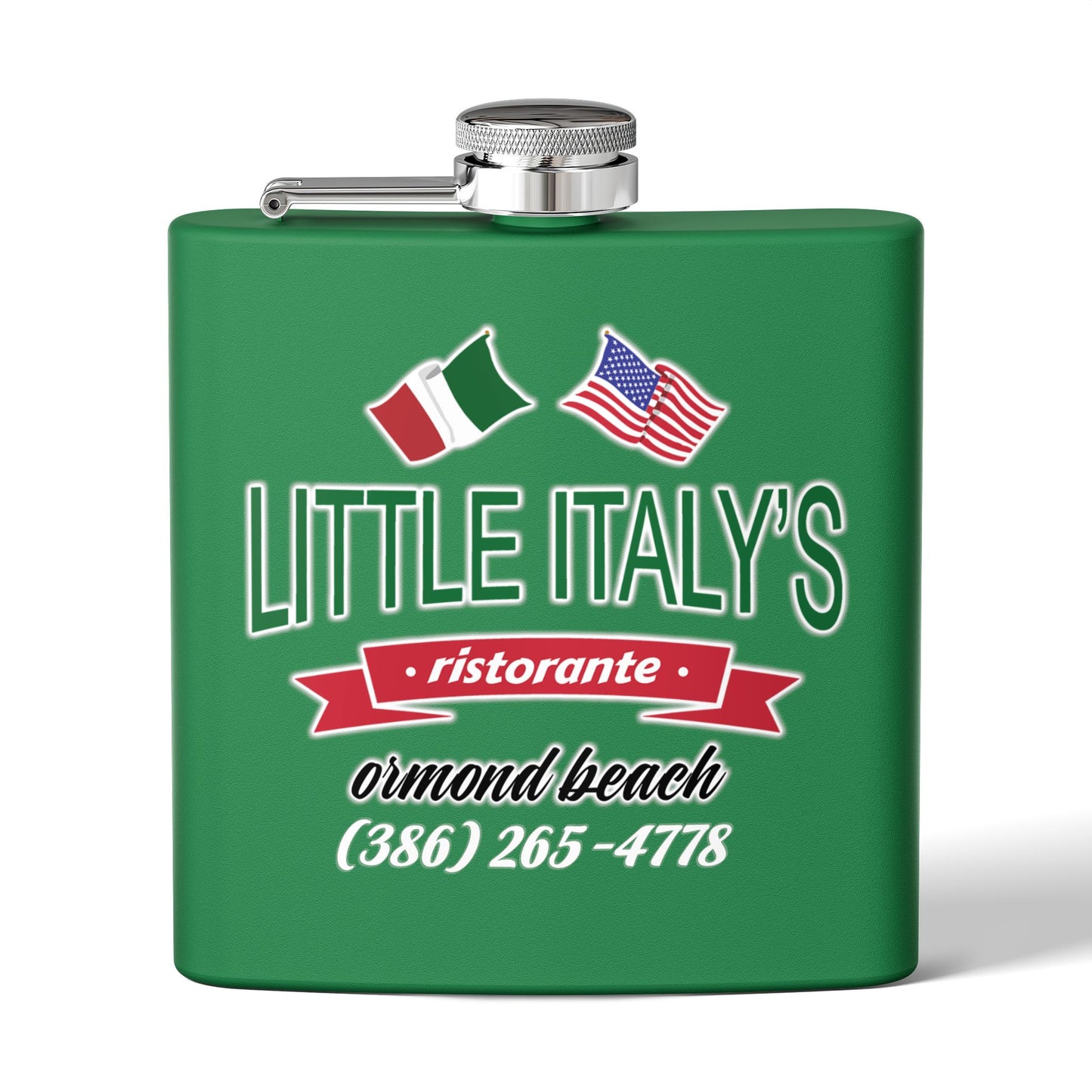 Little Italy's Ristorante 6oz Stainless Steel Flask | Ormond Beach | Italian American Flag Logo