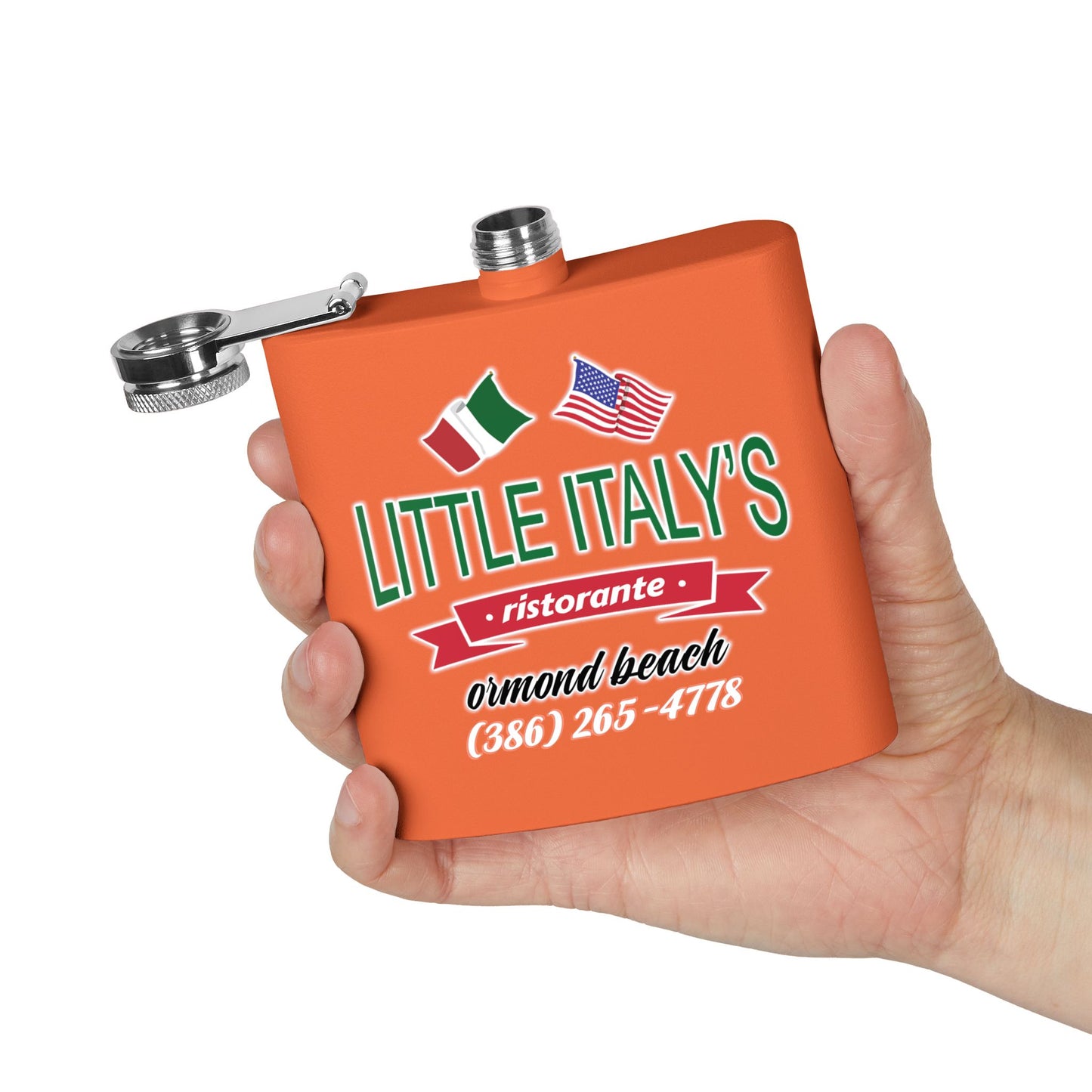 Little Italy's Ristorante 6oz Stainless Steel Flask | Ormond Beach | Italian American Flag Logo