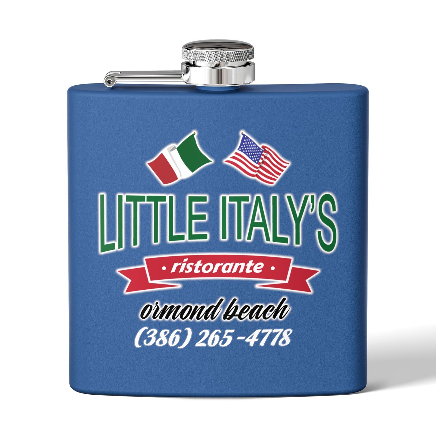 Little Italy's Ristorante 6oz Stainless Steel Flask | Ormond Beach | Italian American Flag Logo