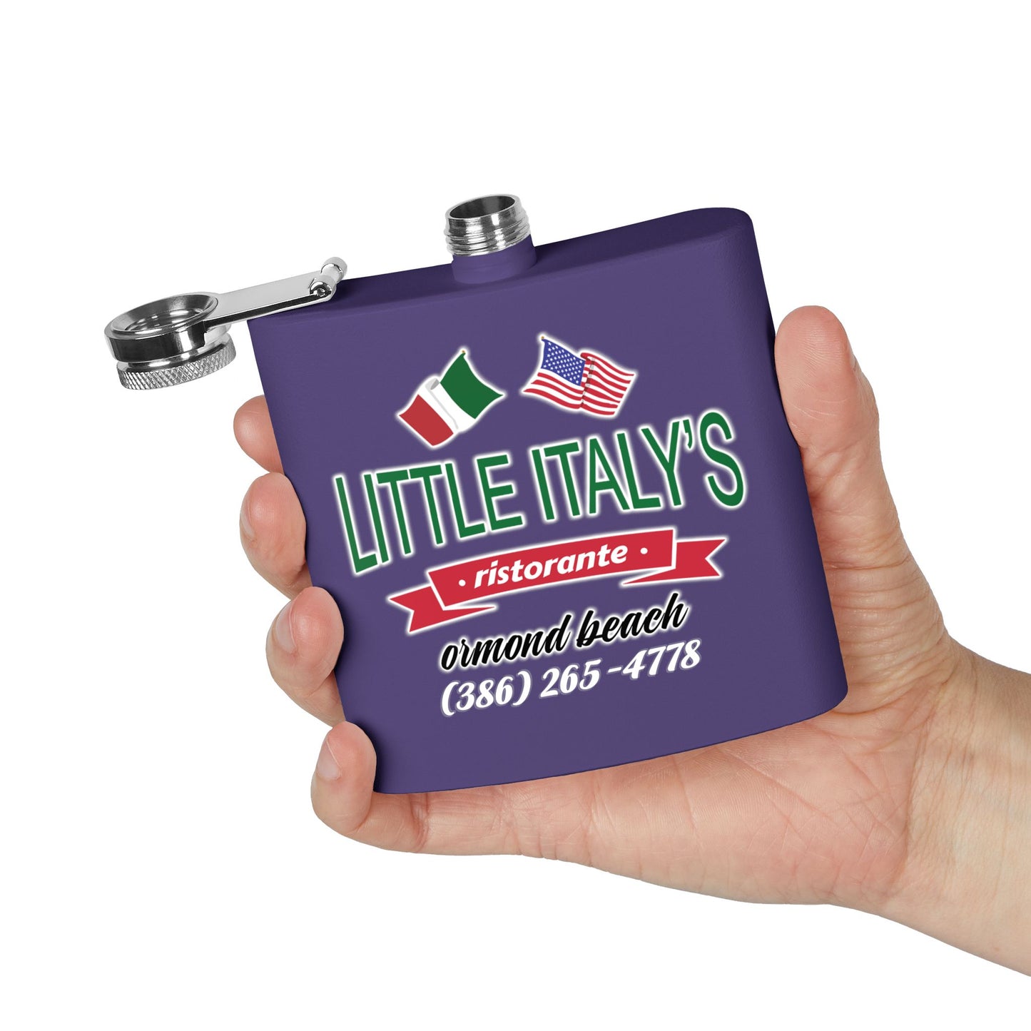 Little Italy's Ristorante 6oz Stainless Steel Flask | Ormond Beach | Italian American Flag Logo