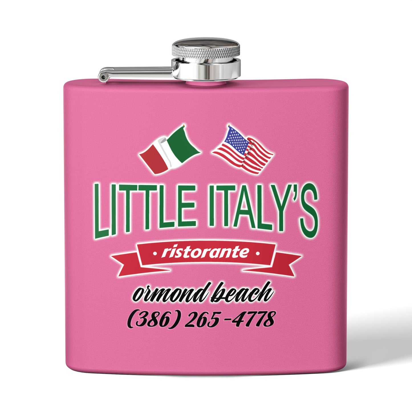 Little Italy's Ristorante 6oz Stainless Steel Flask | Ormond Beach | Italian American Flag Logo