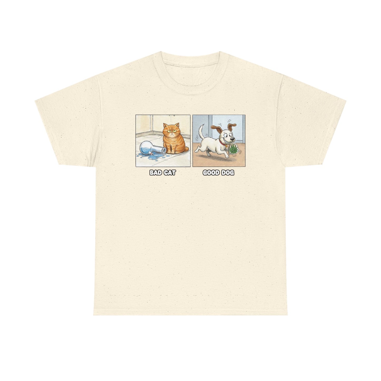 Bad Cat Good Dog Tee | Bad Cat with Bong, Good Dog with Weed Illustration