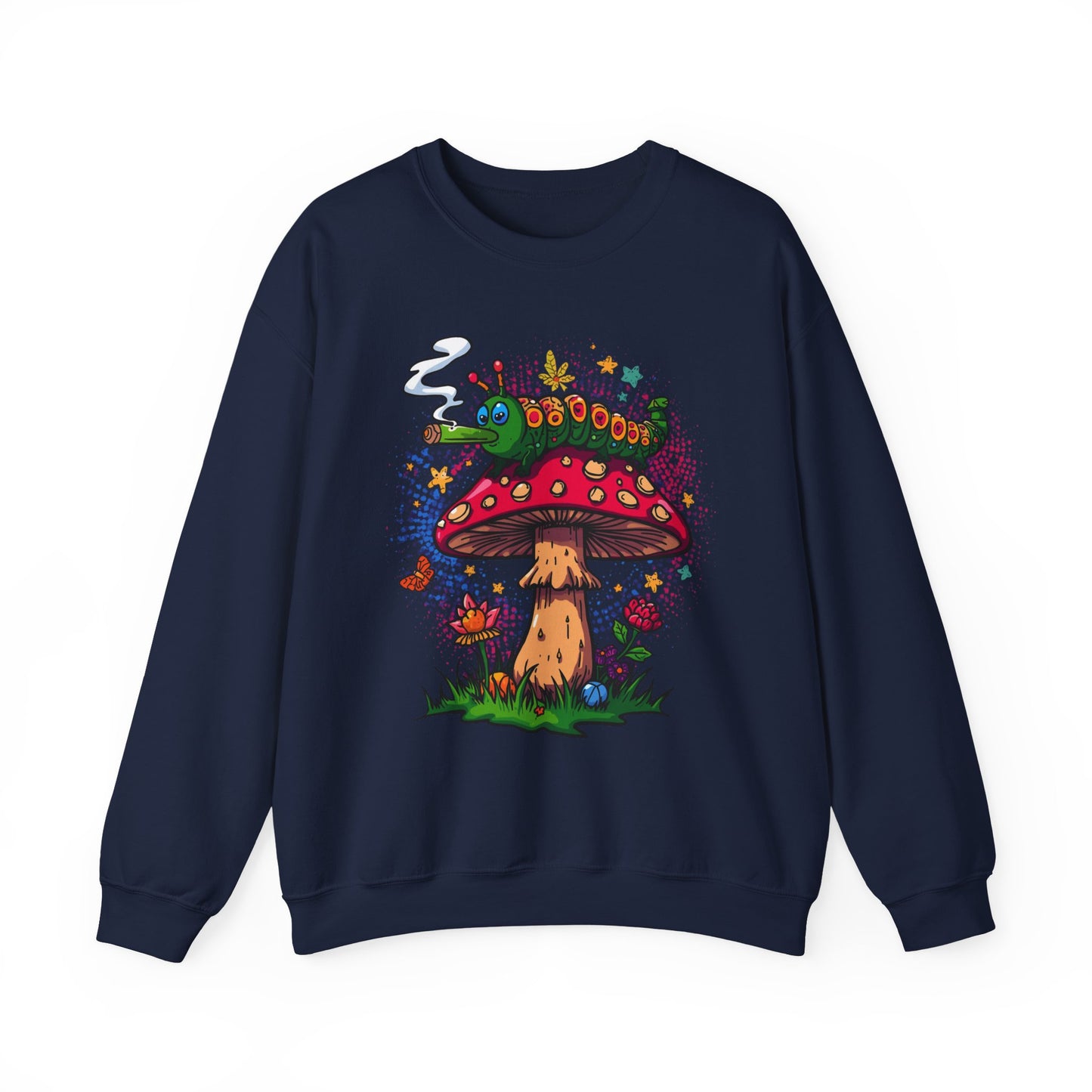 Psychedelic Mushroom and smoking Caterpillar sweatshirt | trippy hippie Illustration