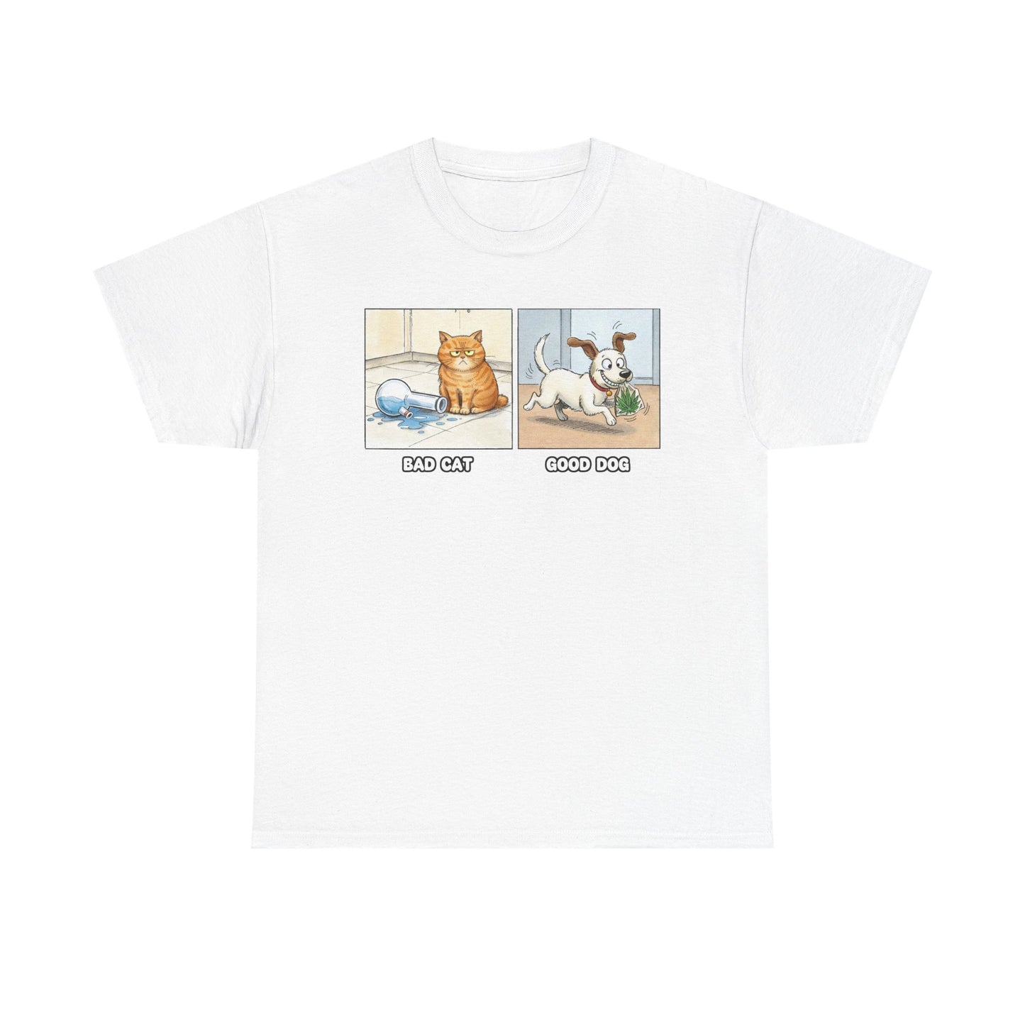 Bad Cat Good Dog Tee | Bad Cat with Bong, Good Dog with Weed Illustration