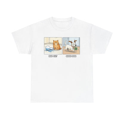 Bad Cat Good Dog Tee | Bad Cat with Bong, Good Dog with Weed Illustration