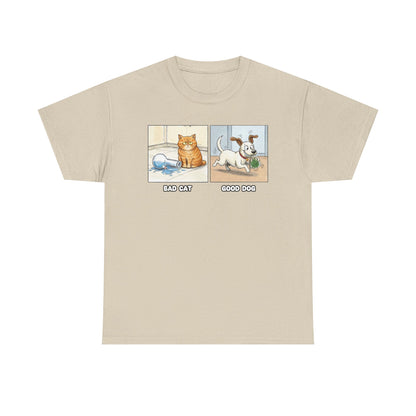 Bad Cat Good Dog Tee | Bad Cat with Bong, Good Dog with Weed Illustration